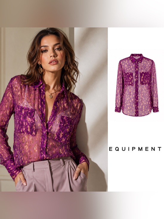 Equipment Tops - Equipment Sheer Pink Leopard Animal Button down